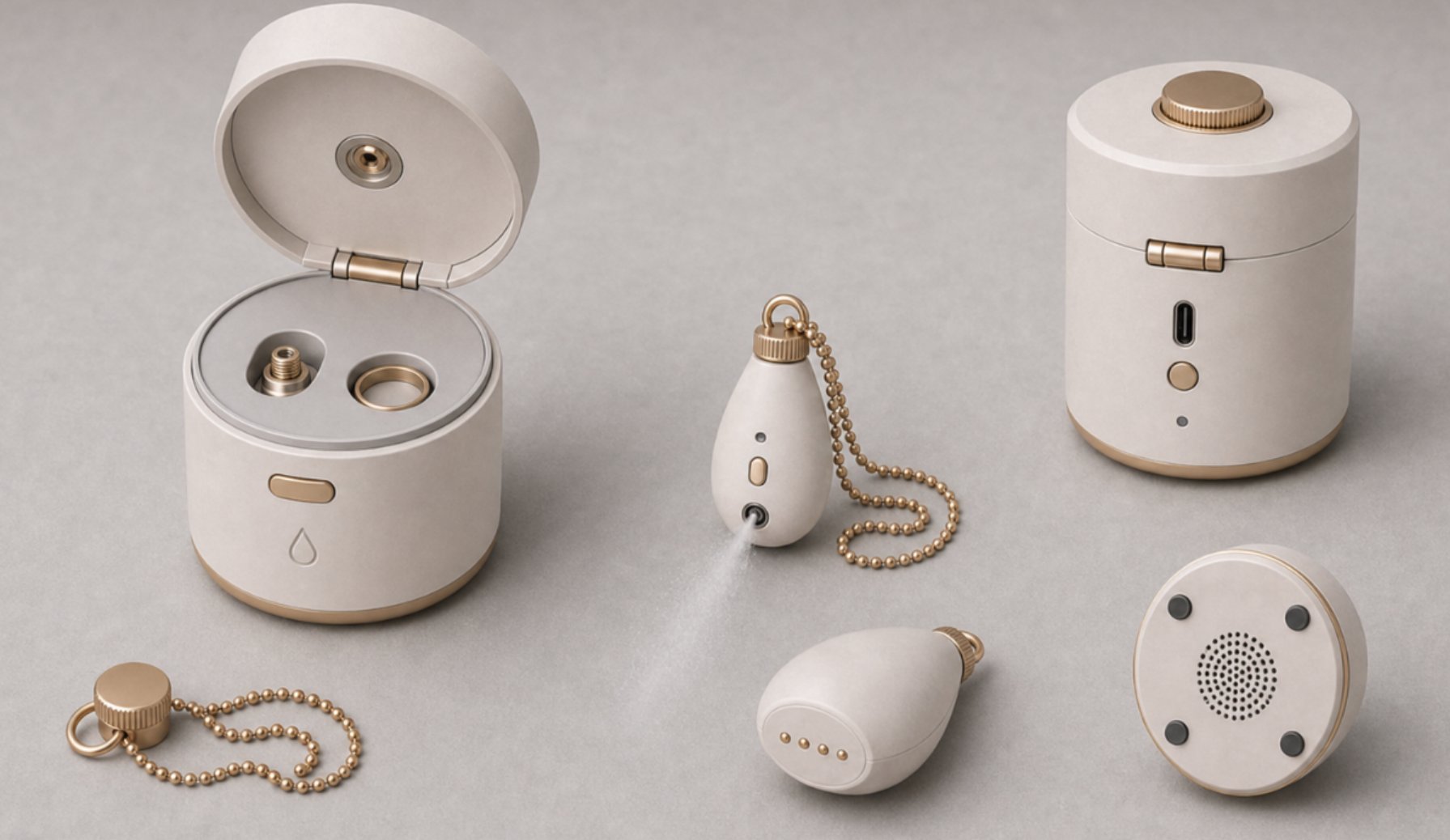 Smart storage, automatic refill, voice announcement and charging case concept for the fragrance pendant